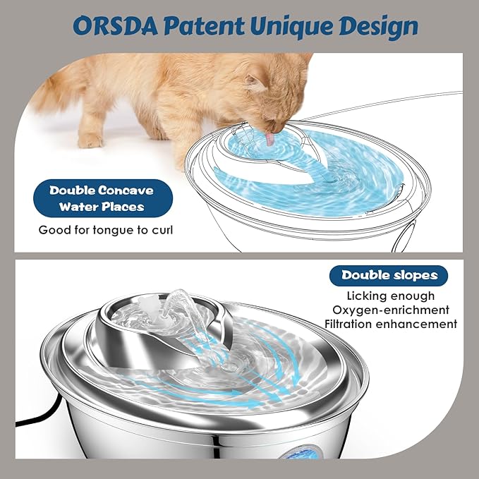 ORSDA Cat Water Fountain Stainless Steel, Automatic Pet Water Fountain, 67oz/2L Drinking Fountain Dog Water Dispenser with Water Level Window for Cats and Small Dogs- 4Pcs Filters (D36) - PAWPICO