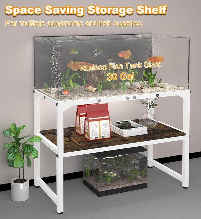 30 Gallon Rimless Fish Tank Stand with Shelf for Storage, 2 Tiers Metal Aquarium Stand, Breeder Tank Turtle Reptile Terrariums Stand Rack for Home Office, 30" L x 12" W x 20.5" H, White Mondazie