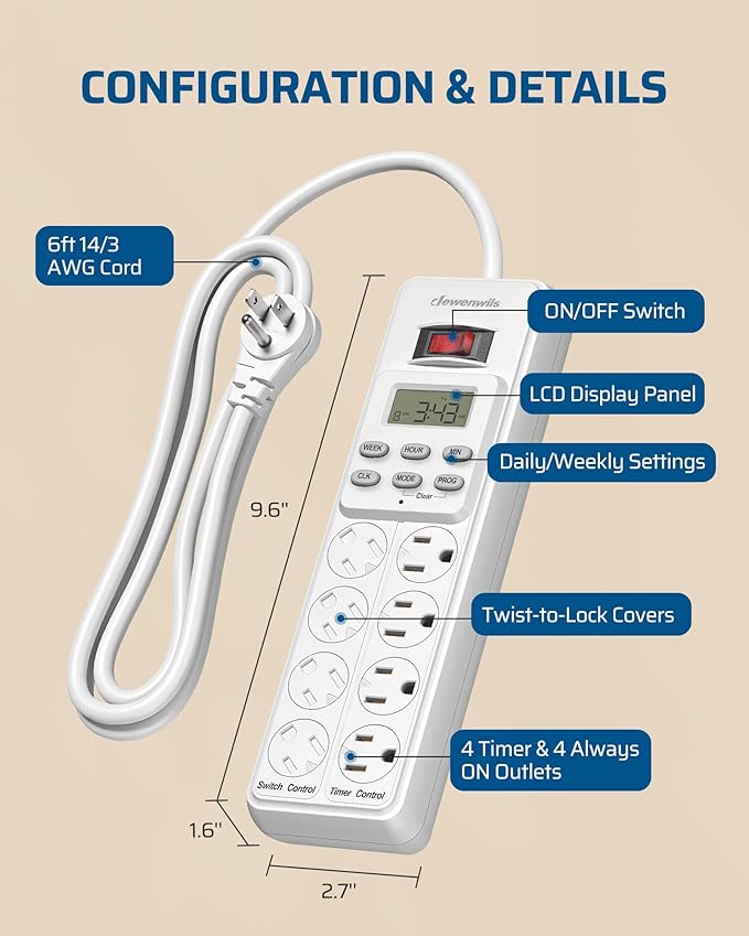 DEWENWILS 8 Outlet Power Strip with Timer (4 Timed/4 Always On), Indoor Digital Timer Outlet for Reptile Light, Turtle Grow Light, Bearded Dragon Tank, Aquarium, 6ft Flat Plug Cord, 15A, UL Listed DEWENWILS