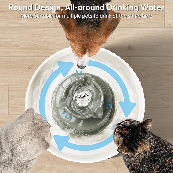 Ceramic Cat Water Fountain, 2.1L/70oz Ceramic Pet Water Fountain Automatic Cat Drinking Fountains Pet Water Bowl, Porcelain Cat Water Dispenser with Ultra-Quiet Pump for Cats and Dogs(Grey) - PAWPICO