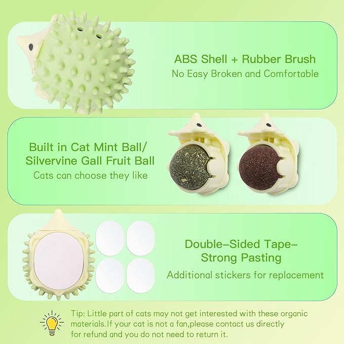 SEVENKA 2 PCS Catnip Toys Self-Grooming Cat Brush with Catnip Ball & Gall Fruit, Kitty Kitten Scratcher Self Groomer Cat Toys for Indoor Cats Lick, Chew Toys Corner Brushes Edible Wall Treats - PAWPICO