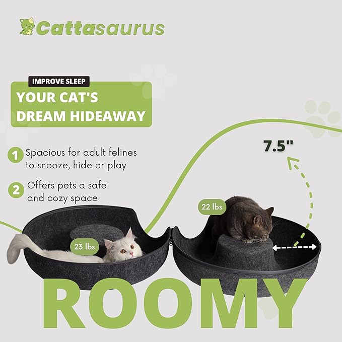 CATTASAURUS Peekaboo Cat Cave for Multiple & Large Cats Up to 30-45 Lbs, Scratch Detachable & Washable Tunnel Bed, Comfy Donut Cat Cave (Dark Gray, Large) - PAWPICO