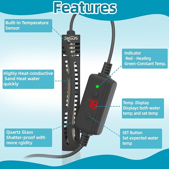 Fish Tank Heater,Aquarium Heaters,75W Aquariums Betta Heating for 7-20 Gallon with LED Temperature Display SEAOURA