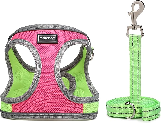 Mercano Soft Mesh Dog Harness and Leash Set, No-Chock Step-in Reflective Breathable Lightweight Easy Walk Escape Proof Vest Harnesses with Safety Buckle for Small Medium Dogs, Cats (XS, Hot Pink) PAWPICO