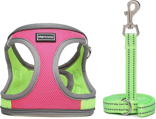 Mercano Soft Mesh Dog Harness and Leash Set, No-Chock Step-in Reflective Breathable Lightweight Easy Walk Escape Proof Vest Harnesses with Safety Buckle for Small Medium Dogs, Cats (XS, Hot Pink) PAWPICO