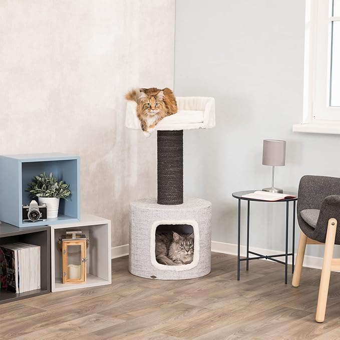 TRIXIE Fonda Cat Scratching Post 39 Inch - Cat Scratcher with Soft Fabric Covering Base and Durable Sisal Rope - for Large Cats with Condo Base and Platform - in Gray - PAWPICO