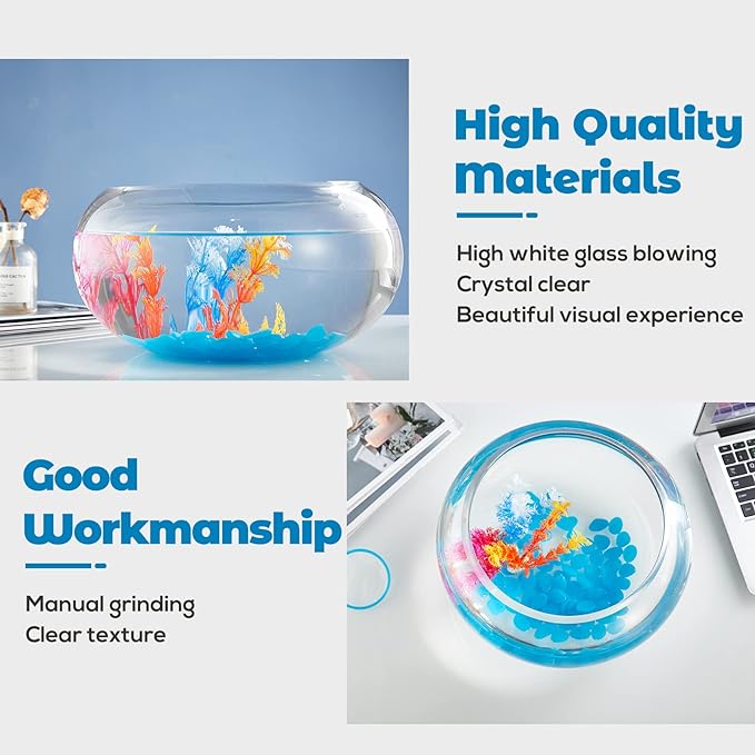 2 Gallon Glass Fish Bowl with Decor, Include Fluorescent Stones & Colorful Plastic Trees, High White Glass for Clear View, Small Fish Bowl/Vase/Aquarium for Betta Fish/Goldfish, Nice Home Décor LAQUAL
