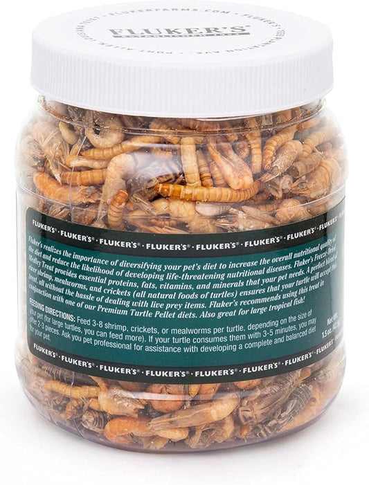 Fluker's Medley Treat for Aquatic Turtles, River Shrimp, Mealworms, and Crickets, 1.5 oz Flukers