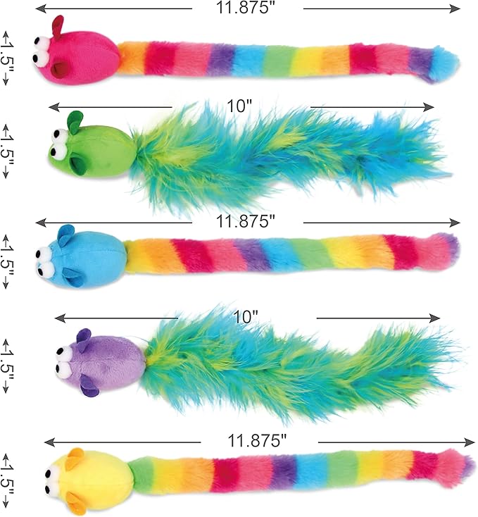 5 Pack Interactive Catnip and Feather Cat Toys, Multi-Colored Mice with Long Feather Tail, Accessories for Indoor Cat, Catnip Plush Toys with Natural Feathers and Rattles - PAWPICO