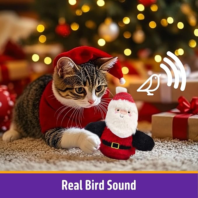 Interactive Christmas Cat Toys, Flapping Santa Clause Cat Toys, Lifelike Bird Chirp, USB Rechargeable Catnip Toy for Bored Indoor Cats Chase Exercise, 3 Modes - PAWPICO