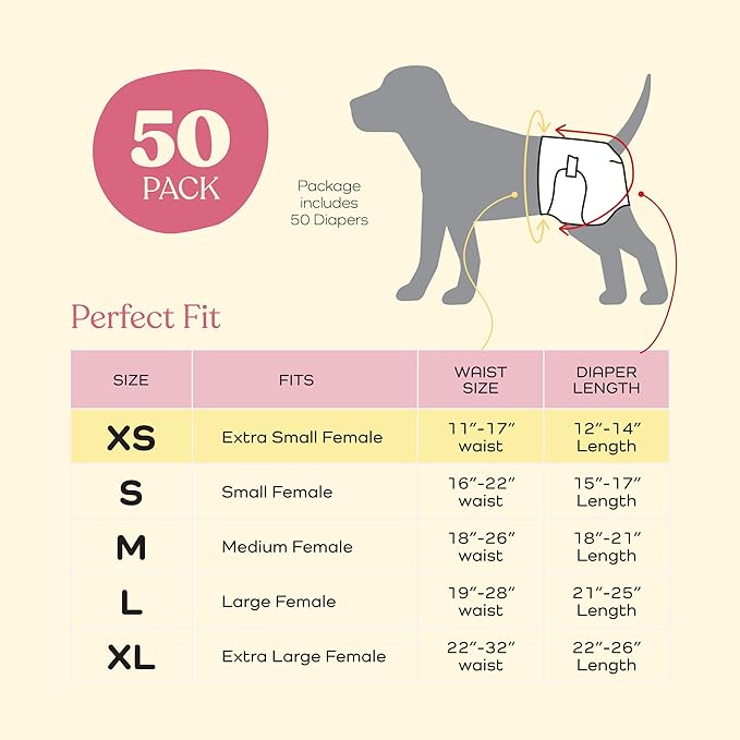 Comfortable Female Dog Diapers - 50-Pack Super Absorbent Disposable Doggie Diapers - FlashDry Gel Technology & Wetness Indicator - Leakproof Diapers for Dogs in Heat, Excitable Urination, Incontinence - PAWPICO