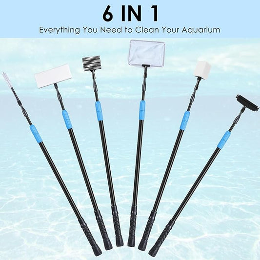 AquaMiracle 6 in 1 Aquarium Cleaning Tool Kit Fish Tank Cleaning Kit for 20-160 Gallon Tank with Telescopic Long Handle, Algae Scraper, Scrubber Pads, Tube Cleaner, Fish net, Gravel Rake AquaMiracle