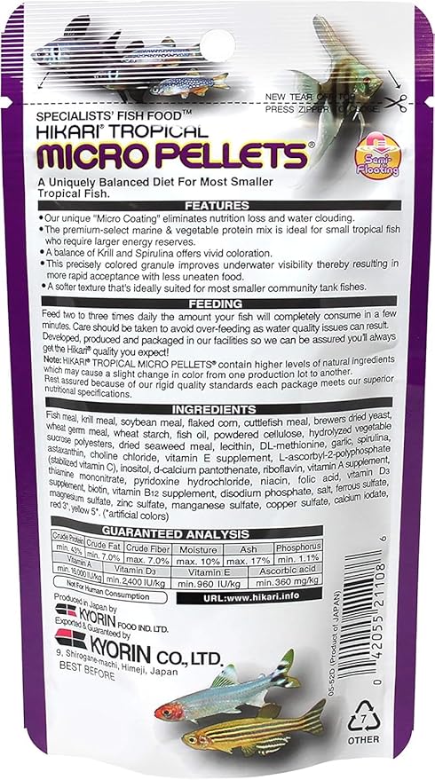 Hikari Tropical Semi-Floating Micro Pellets Fish Food, 0.77 Oz (22g) | Pack of 2 Hikari