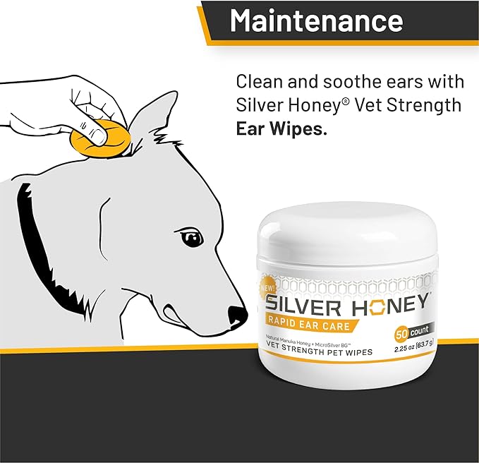 Absorbine Silver Honey Rapid Ear Care Vet Strength Pet Wipes, 50ct, Manuka Honey & MicroSilver BG Absorbine