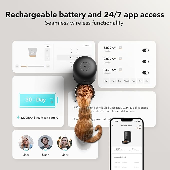 PETLIBRO Automatic Cat Feeder, Wi-Fi Rechargeable Cat Food Dispenser Battery-Operated with 30-Day Life, AIR 2.4G Wi-Fi Timed Pet Feeder for Cat & Dog, 2L Auto Cat Feeder, Black - PAWPICO