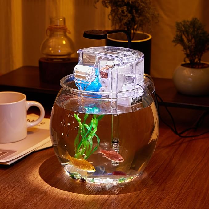 1 Gallon Aquarium Small Fish Tank Break-Resistant Plastic Betta Fish Bowl PET Clear Round Bowl Terrarium Desktop Golden Fish Tank with Filter and Light SARUFO