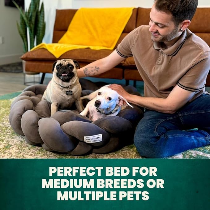 Tater's Choice 32" Dog Bed - Premium Braided Dog Bed with 3 Pack of Plush Bones - Luxurious and Durable Pet Beds with Plush Polyester Filling, Non-Slip Base, Washable Mattress, Charcoal Grey, Medium - PAWPICO