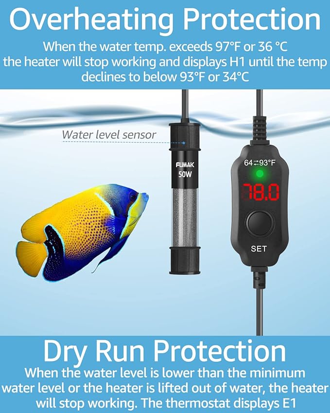 50W Adjustable Aquarium Heater Super Short Submersible Fish Tank Heater Fish Heater with LED Digital Display Thermostat, for Tanks 5-10 Gallons FUMAK