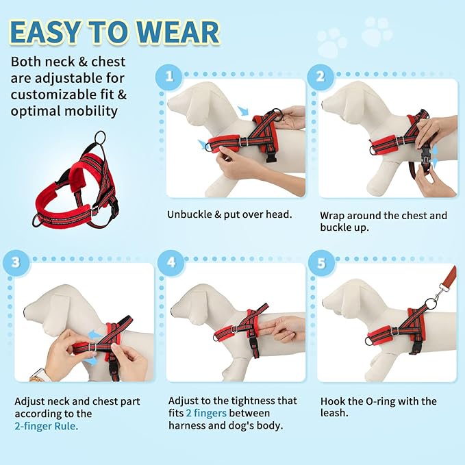 SlowTon No Pull Small Dog Harness and Leash Set, Puppy Soft Vest Harness Neck & Chest Adjustable, Reflective Lightweight Harness & Anti-Twist Pet Lead Combo for Small Medium Dogs (R-Front Clip,XS) SlowTon
