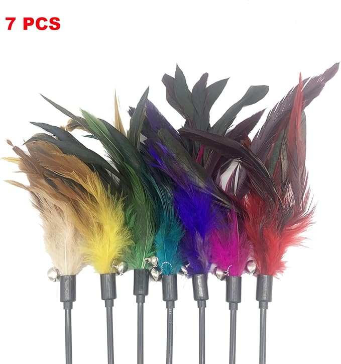 Cat Wand Toy Feather Stick Cat Toys, 7 PCS Cat Feathers Toy Wand, Interactive Cat Toy Feather Wand for Indoor Cats - PAWPICO