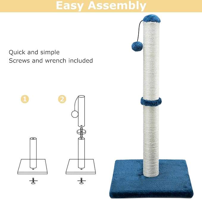 Dimaka 34" Tall Cat Scratching Post for Large Cats and Kittens, High Vertical Scratcher with Premium Natural Sisal Rope and Interactive Hanging Ball for Indoor Cats (Blue, 34 inches) - PAWPICO