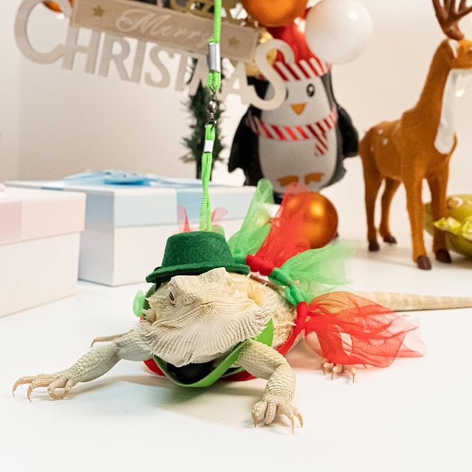 Bearded Dragon Christmas Costume Tutu Skirt Bowler Hat Leash Harness Reptile Christmas Cosplay Accessories Set for Lizard Leopard Gecko(Green) WODISON