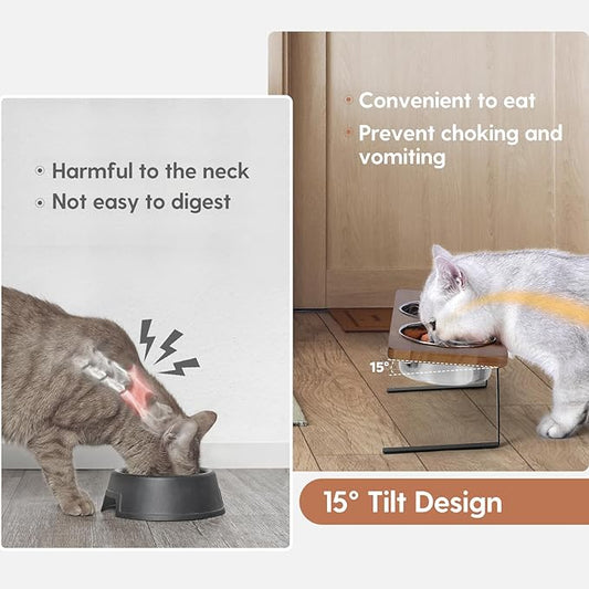 Elevated Cat Bowls, 15° Tilted Raised Cat Food Bowls Wood Pet Bowls with Stand Anti Vomiting 2 Stainless Steel Bowls for Cats and Puppy - PAWPICO