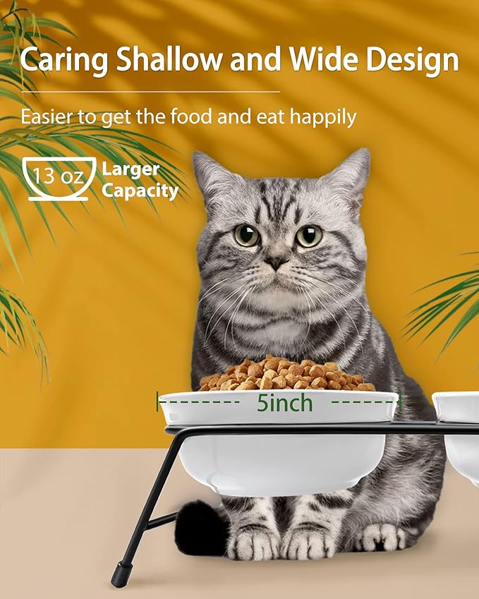 3 Cat Food Bowls Ceramic 13 oz Upgraded with Stainless Steel Stand Non-Slip and Anti-Rust Elevated Raised Cat Bowls for Food and Water, Pet Dishes Bowl for Indoor Cats and Puppy, Dishwasher Safe - PAWPICO