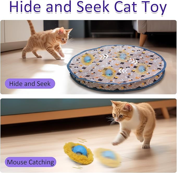 Interactive Cat Toys Ball Fast Rolling in Pouch, Motion Activate Chirping Cat Toy Hide and Seek Mouse Catching Game (Blue) - PAWPICO