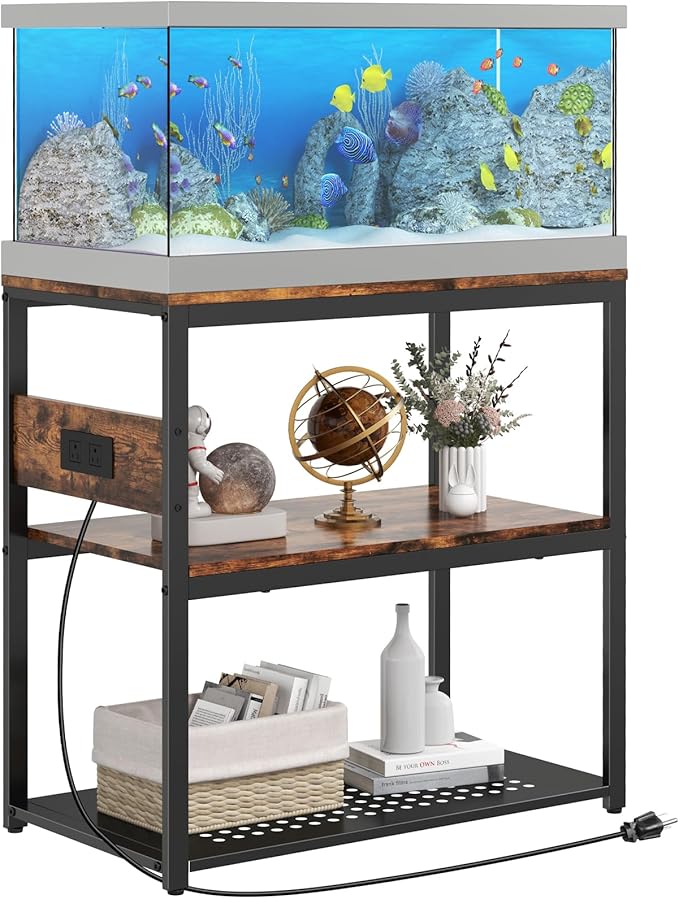 20-29 Gallon Fish Tank Stand With Power Outlets, 3-Tier Metal Aquarium Stand, Breeder Reptile Tank Stand with Shelf for Home Office, 660LBS Capacity, 29.5 x 15.8 x 30.1 inches Livofloral