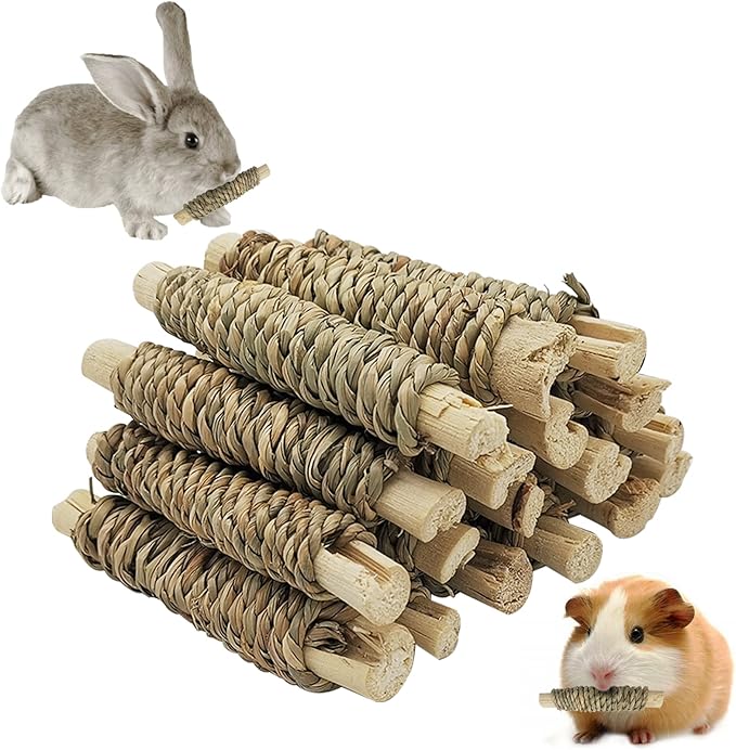 Fhiny 18 PCS Guinea Pig Chew Toys, Natural Seagrass Sweet Bamboo Molar Sticks for Teeth Bunny Chew Toys Cage Accessories for Rabbit Bunny Guinea Pig Chinchilla Hamster Fhiny