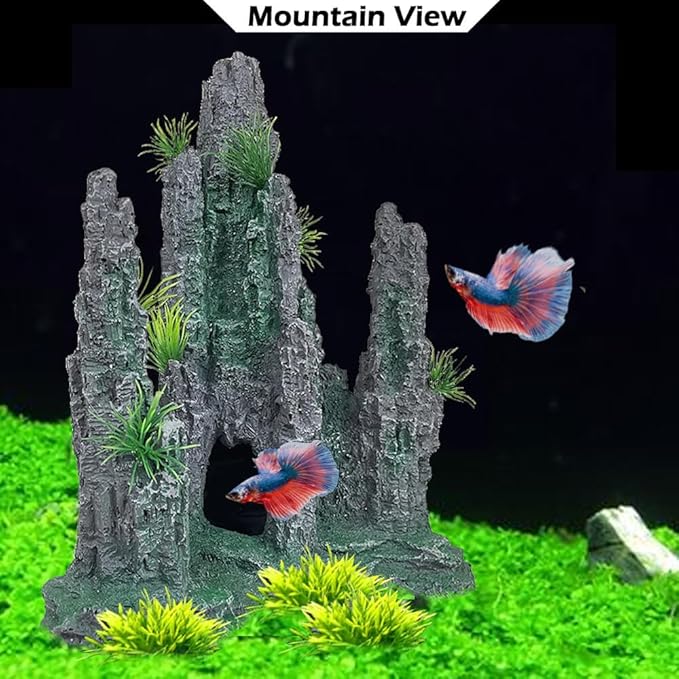 Aquarium Decoration Large and Tall for Fish Tank Rock Thematic Ornaments Aquarium Mountain View Stone Ornaments Aquarium Decor Tree House Cave Fish Tank Decoration - Large VMCN