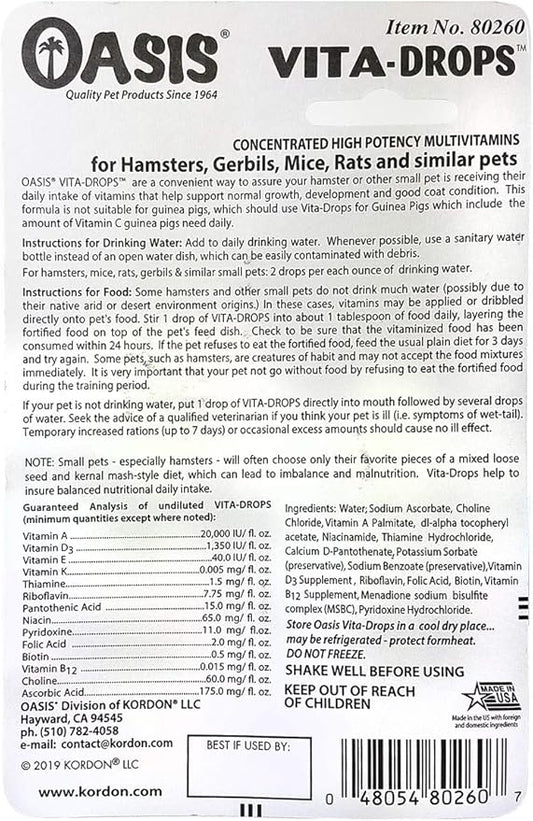 Oasis Hamster Vita-Drops All-in-1 Multivitamins - Daily Vitamin Supplement Supports Healthy Bones & Teeth, Joints & Digestion, Promotes Healthy Skin Coat, Orange Flavor, 2-Ounces Kordon