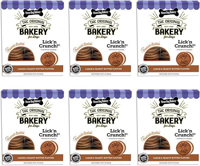 Three Dog Bakery Lick'n Crunch Baked Dog Treats, Carob and Peanut Butter Flavor, 13 Ounce Box, 6-Pack (114059) - PAWPICO