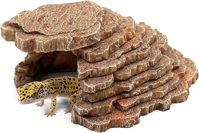 Gecko Hide Shale Scape Step Ledge, Reptile Cave Hideout Tank Accessories Decorations, Great for Reptiles, Amphibians, Leopard Gecko, Lizard, Frogs, Turtle (Small-7.3 * 4.4 * 3) relaqcc