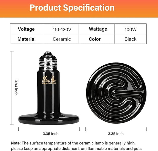 HealSmart Reptile Heat Lamp 100W Ceramic Heat Emitter, No Light Emitting Heat Bulbs for Amphibian Pet Brooder Coop Incubating Chicken, Lizard Bearded Dragon Turtle Snake Terrarium Black HealSmart