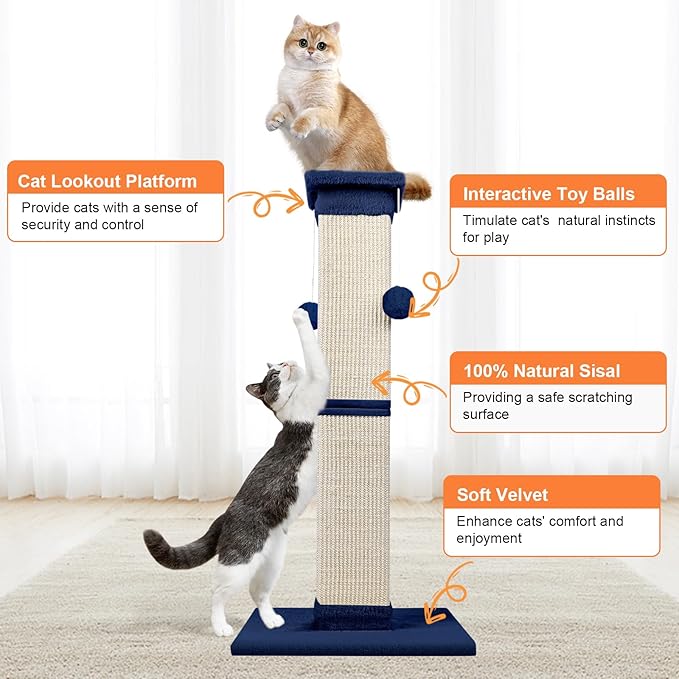 Cat Scratching Post 33 Inch Nature Sisal Cat Scratch Post for Indoor Cats, Large Cat Scratcher Protect Your Furniture, for All Breeds Blue - PAWPICO
