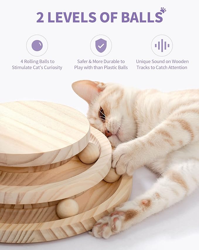Made4Pets Cat Scratching Post Cat Scratcher Kitten Toys for Indoor Cats Wooden Ball Track Two-Layer Modern Sisal 17.7" Tall Scratch Post Interactive Toy with Dangling Ball - PAWPICO