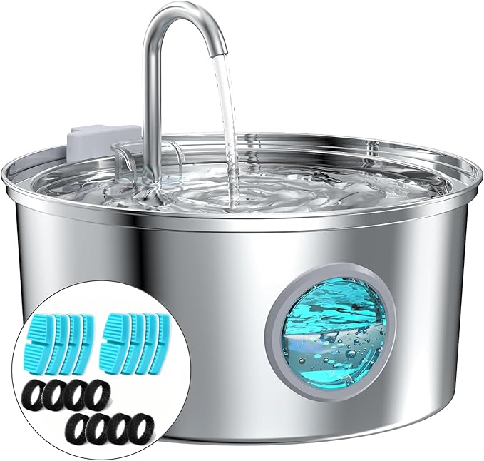 Cat Water Fountain Stainless Steel: Cat Fountain for Drinking - 108oz/3.2L Pet Water Fountain for Cats Indoor - Quiet Water Fountain for Cats - Faucet Pet Fountain - Contains 8 Filters + 8 Sponges - PAWPICO