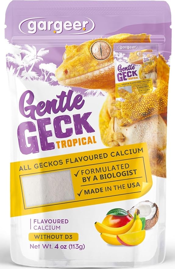4oz Gecko Calcium without Vitamin D3, Phosphorus-free, Ultrafine Powder. Ready to Use Supplement for Geckos & Fruit-Eating Reptiles. Flavored with Real Organic Tropical Fruits. Made in the USA Gargeer