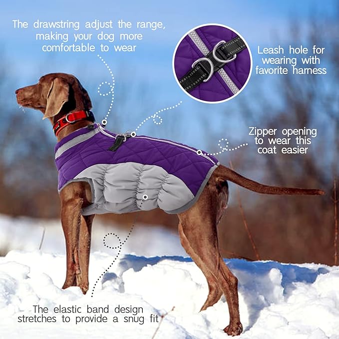FUAMEY Dog Coat,Warm Dog Jacket Winter Coat Paded Dog Fleece Vest Reflective Dog Cold Weather Coats with Built in Harness Waterproof Windproof Dog Snow Jacket Clothes with Zipper Purple X-Large - PAWPICO