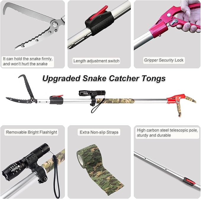 86.6" Heavy Duty Snake Tongs with Telescopic Pole Reptile Grabber Catcher BBQ Fireplace Log Picker, Extra Flashlight & Non-slip Straps Included Surnuo