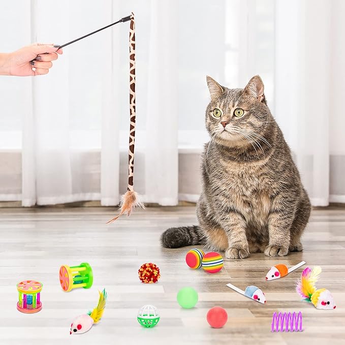 Retro Shaw Cat Toys Set 33 PCS, Interactive Cat Kitten Toys for Indoor Cats Kitty with Collapsible Cat Play Tunnel Tube Tent Cat Feather Wand Teaser Cat Bell Fuzzy Ball Springs Mouse Toys - PAWPICO