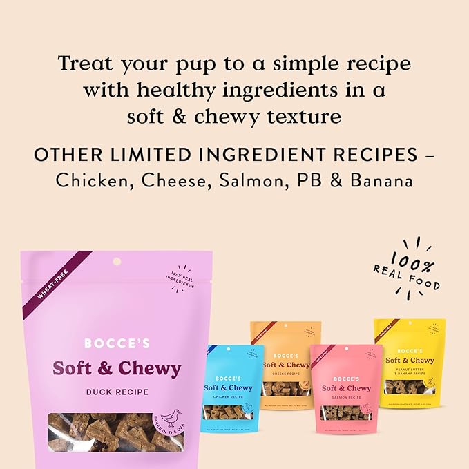 Bocce's Bakery Oven Baked Duck Recipe Treats for Dogs, Wheat-Free Everyday Dog Treats, Made with Real Ingredients, Baked in The USA, All-Natural Soft & Chewy Cookies, Duck, 6 oz - PAWPICO