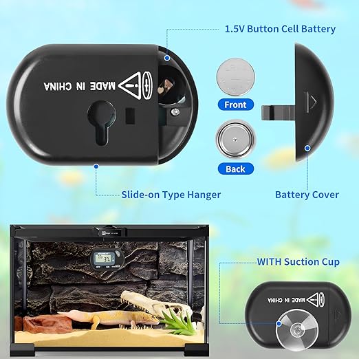 AQUANEAT Reptile Thermometer Hygrometer Digital Display Temperature and Humidity Moniter for Reptiles Rearing Box with Suction Cup Aquaneat