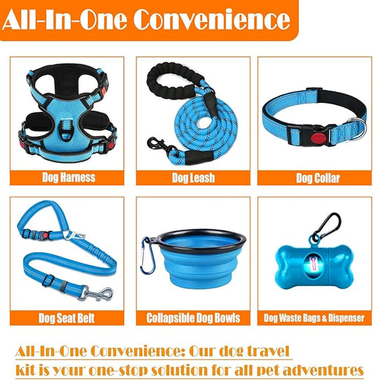 No Pull Dog Harness, Collar & Leash Set | Includes Dog Seat Belt, Collapsible Bowls & Poop Bag Dispenser. Ideal for Training, Walking, Hiking. Fits Small to Large Dogs(Blue-XL) Lovebegetslove