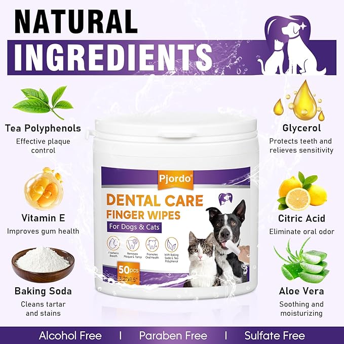 Teeth Cleaning Wipes for Dogs & Cats, Dental Care Finger Wipes, Remove Plaque, Tartar & Bad Breath, Disposable Gentle Cleaning & Gum Care Pet Wipes, No-Rinse Dog Finger Toothbrush, 50 Counts Pjordo
