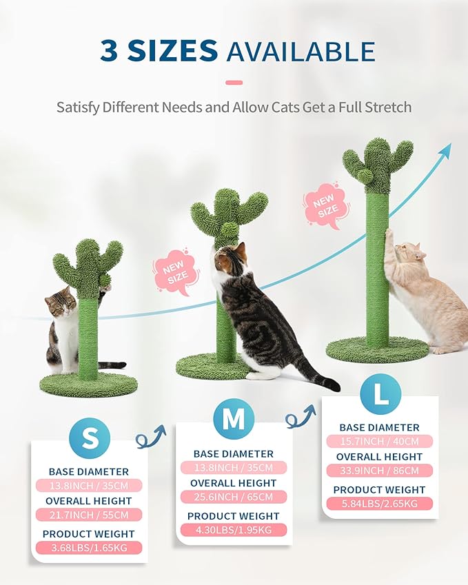 Made4Pets Cat Scratching Post, 25.6" Cactus Cat Scratcher Kitten Scratch Post with Sisal Rope for Indoor Cats Claw Scratcher, Vertical Green Cat Tree with Dangling Ball for Kitties Medium - PAWPICO