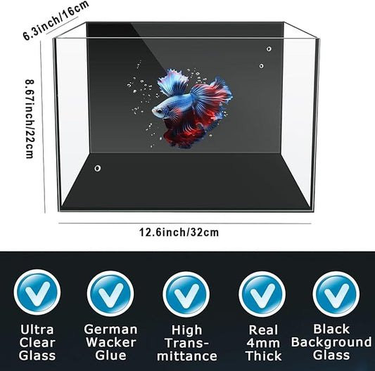 3 Gallon 12.6” L Fish Nano Glass Aquarium, with Separator Plate for Betta, Multi-Functional Square Fish Tank with Filter, LED Light, Black 4mm Glass iPriro