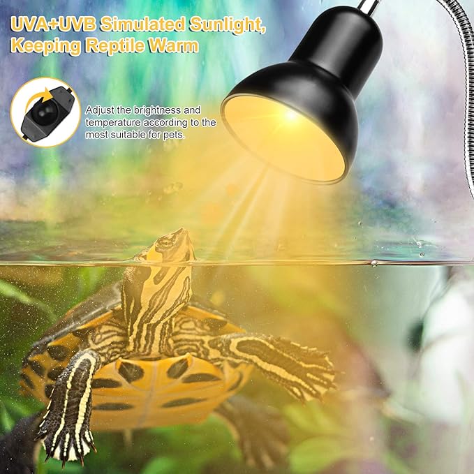 Dallfoll Reptile Heat Lamps, Turtle Lamp UVA/UVB Turtle Aquarium Tank Heating Lamps with Clamp, 360°Rotatable Basking Lamp for Reptiles Lizard Turtle Snake with 2 Heat Bulbs (Heat Lamp 25w/50w Bulb) Dallfoll